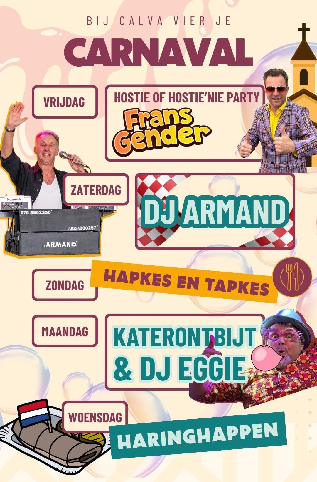 Frans Gender, DJ Armand en DJ Eggie tijdens carnaval 2026 bij Calva Café in het Aopenlaand.