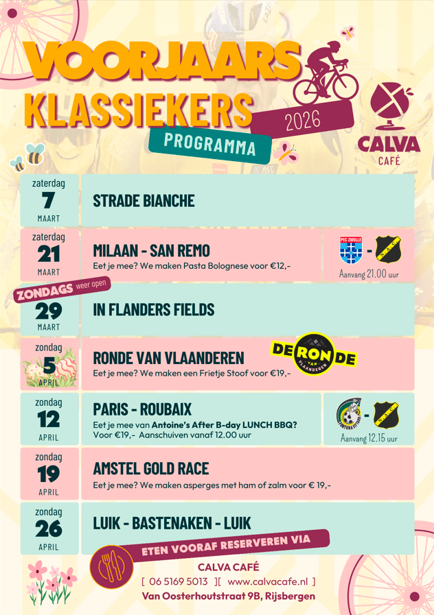 De voorjaarsklassiekers kijk je bij Calva Café